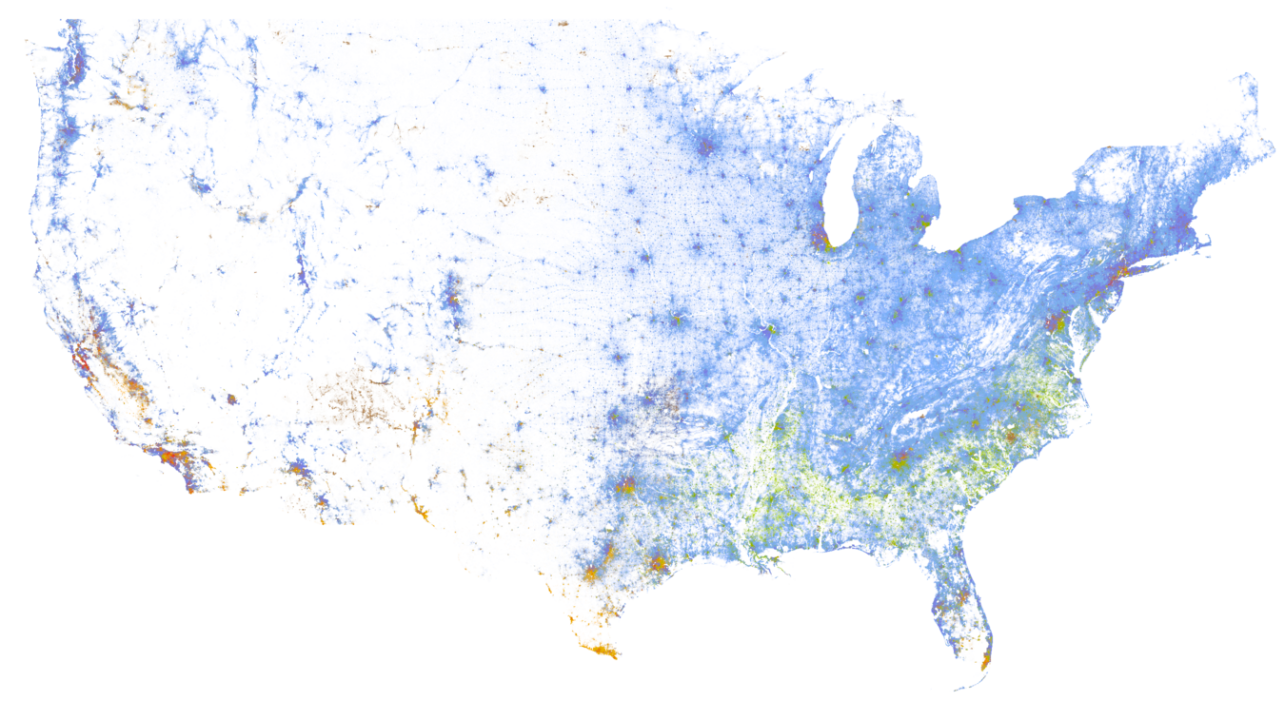 Distribution of Races in the United States, derived from the 2010 United States Census. Visualization provided by the UVA Wheldon Cooper Center for Public Service.